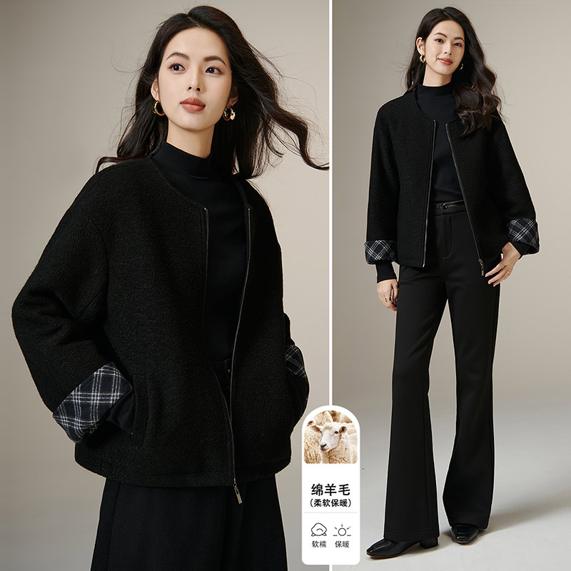 晚白【新品】2025拼接圆领夹棉毛料外套女25102450