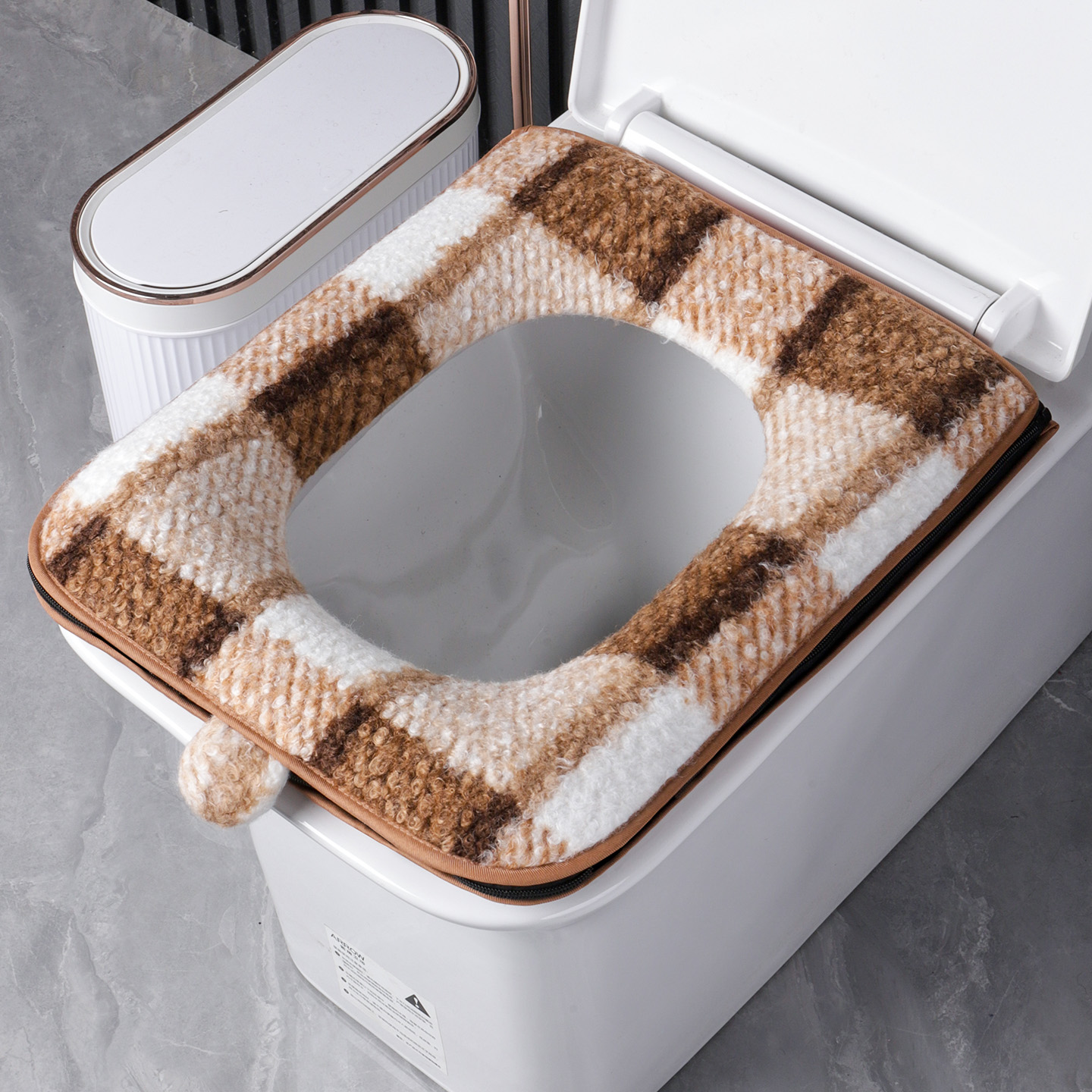 格纹短毛绒高级家用方形马桶垫秋冬保暖加大加厚拉链款防水坐便套