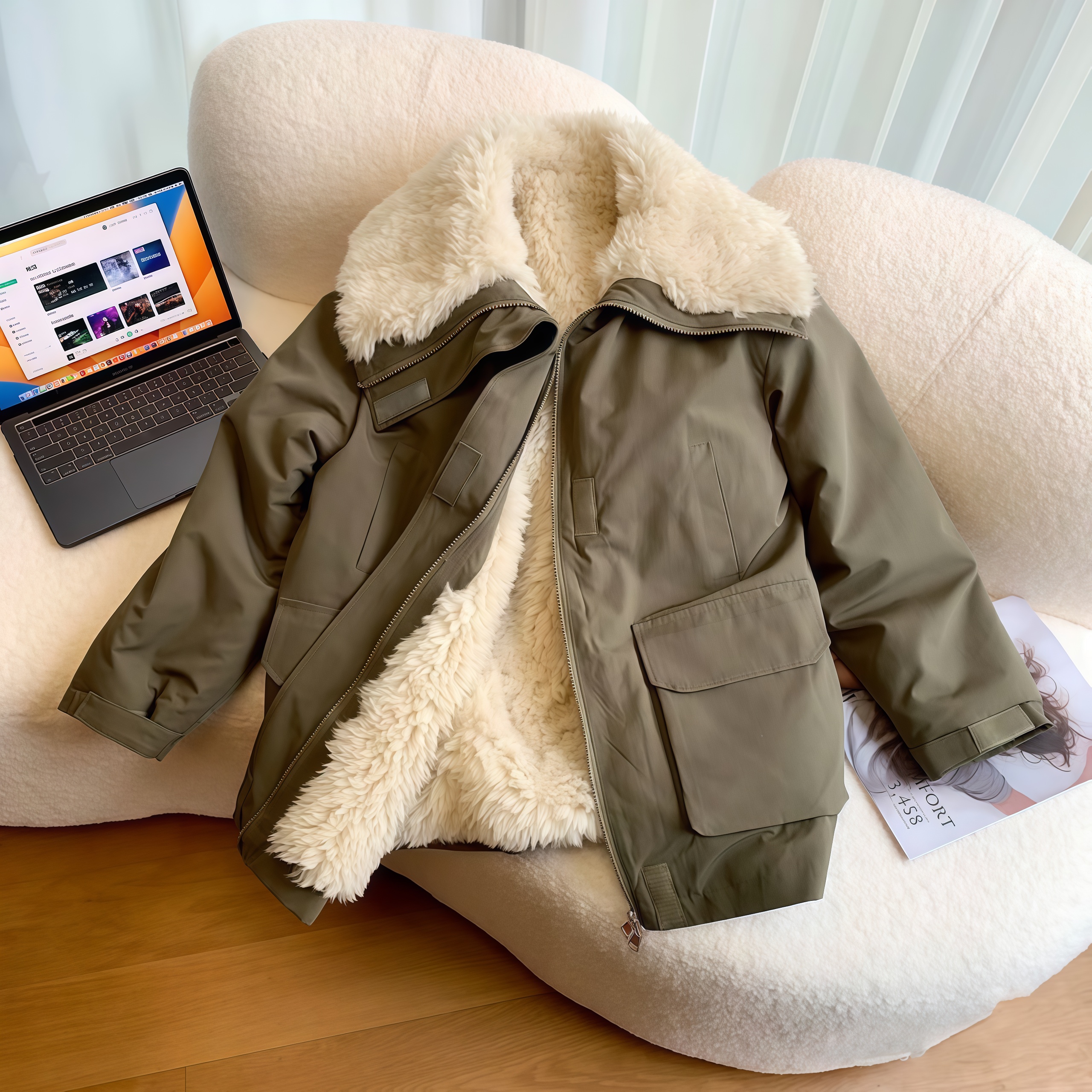 【赵露思同款】冬季新款时尚百搭洋气加厚内里毛绒拼接派克服25127