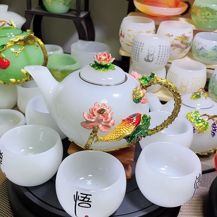 琉璃中式珐琅彩年年有余一壶六杯礼盒套装