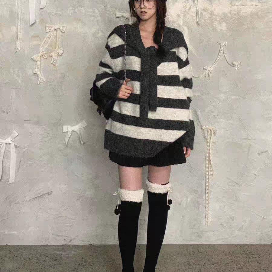 冬季宽松毛针织衫秋季针织条纹开衫上衣女加厚V领