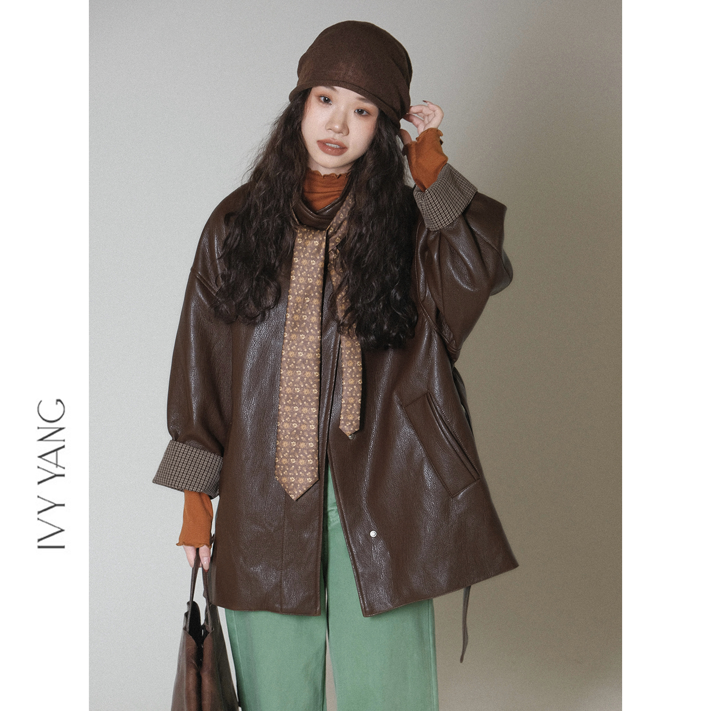 IVY YANG2格子拼接袖咖色中长款秋冬季女皮衣宽松拉链防风外套