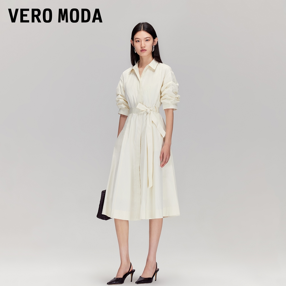 Vero Moda连衣裙25新款纯棉收腰捏褶五分袖衬衫裙流光风老钱风