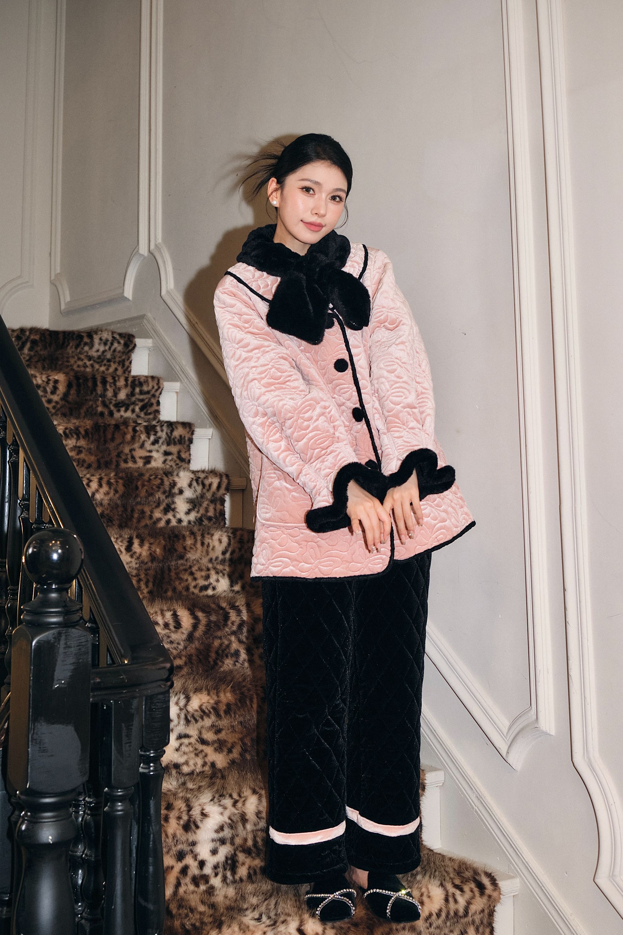 尼尼塔【月影山茶】原创高级感毛领厚款中式满绣国风翻领家居服套装