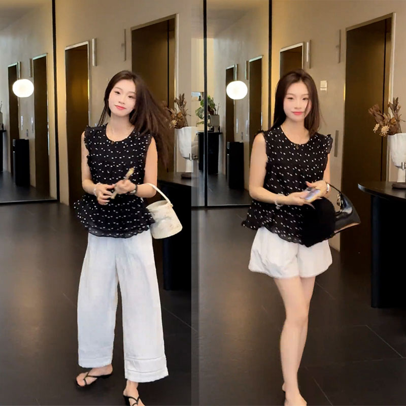 夏季时尚小个子气质网红炸街套装韩系波点无袖上休闲裤显瘦两件套