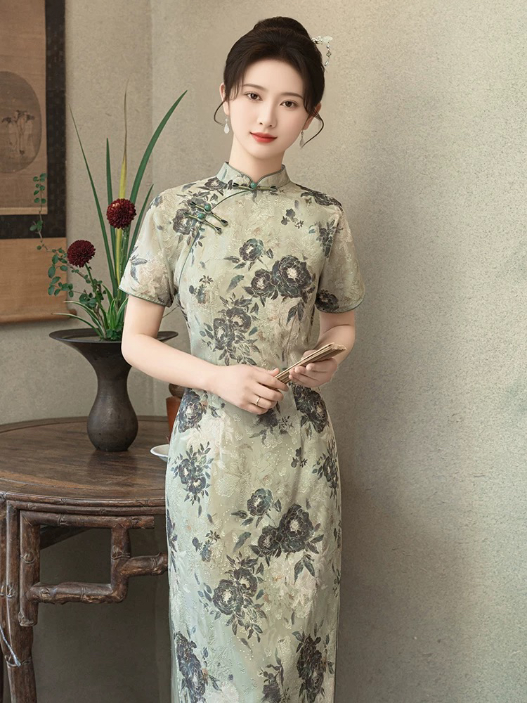 176-剪花复古牡丹旗袍