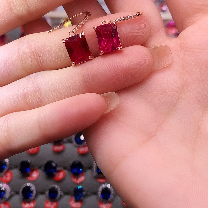 红宝石耳饰银S925镶嵌