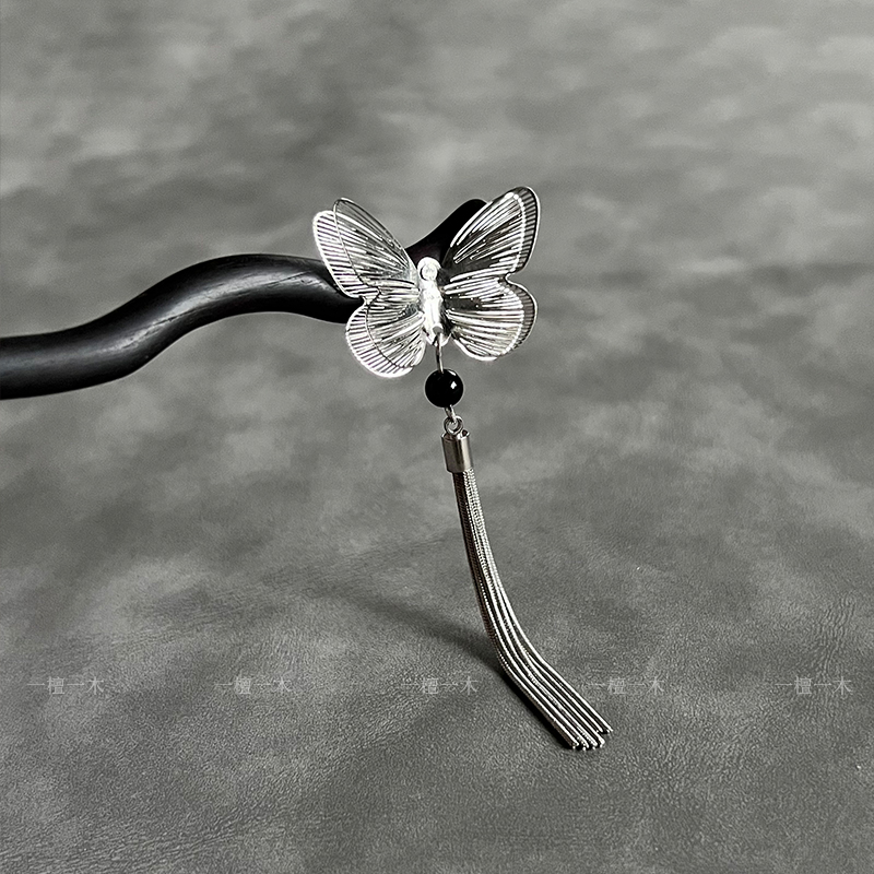 拉丝蝴蝶丨檀木古风发簪新中式女高级感2025新款日常发簪盘发饰品
