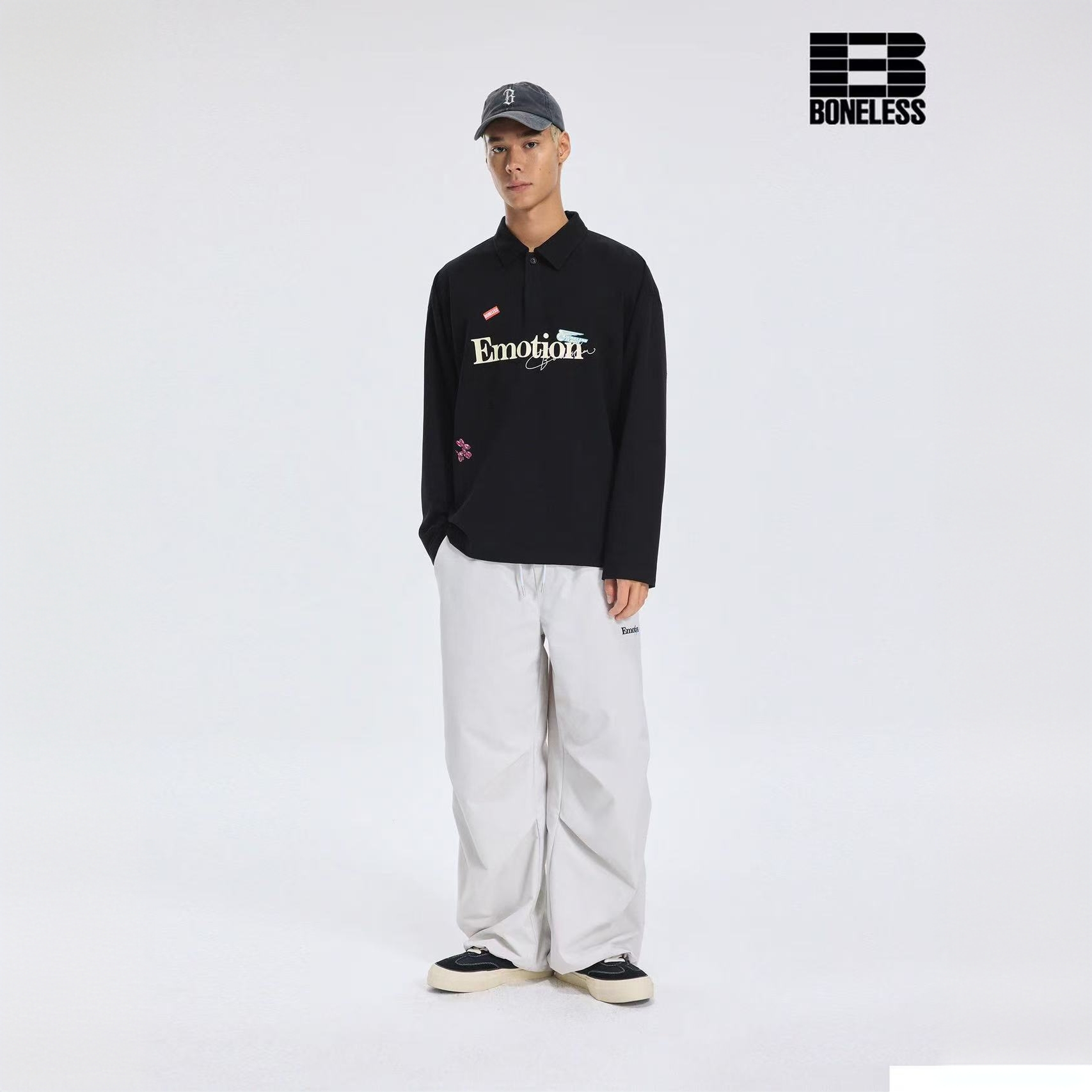 【EMO拆解局】BONELESS趣味贴图印花翻领复古长袖POLO衫宽松上衣
