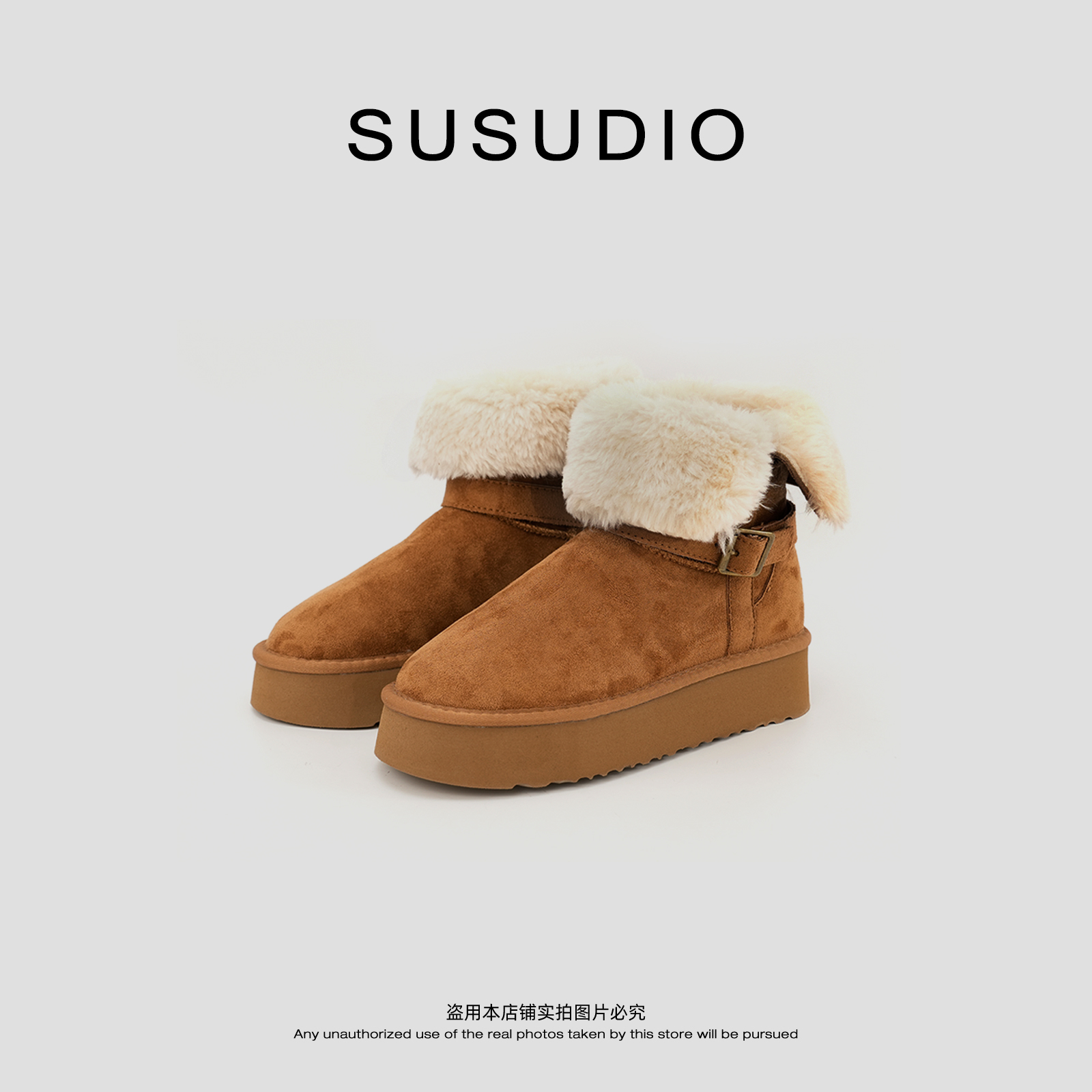 SUSUDIO 冬季时髦带扣翻边厚底中筒加绒保暖雪地靴 80028