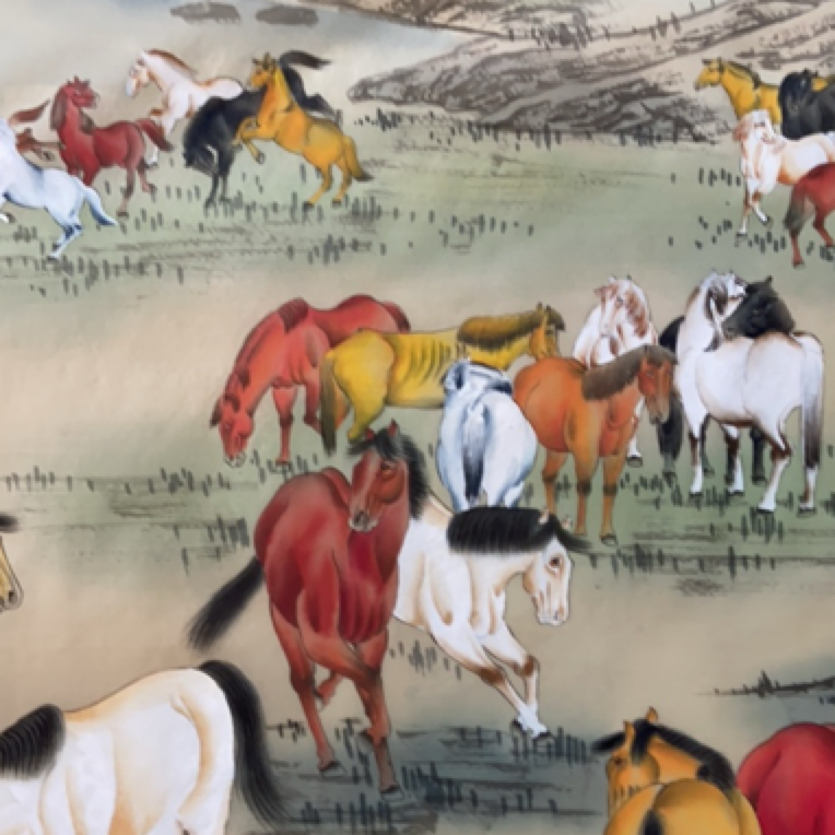 绢本材质百骏图工笔画尺寸86/360