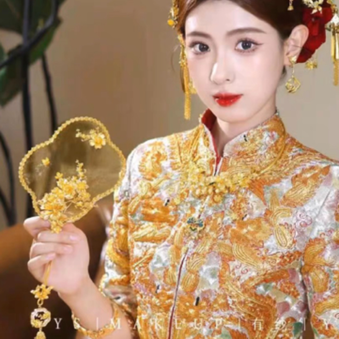 合金婚庆饰品 卡帝美学新款 12129金色中式团扇精致