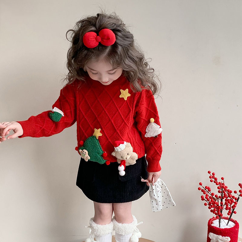 2025圆领圣诞毛衣加厚宝宝新款拜年秋冬女童儿童针织打底衫上衣