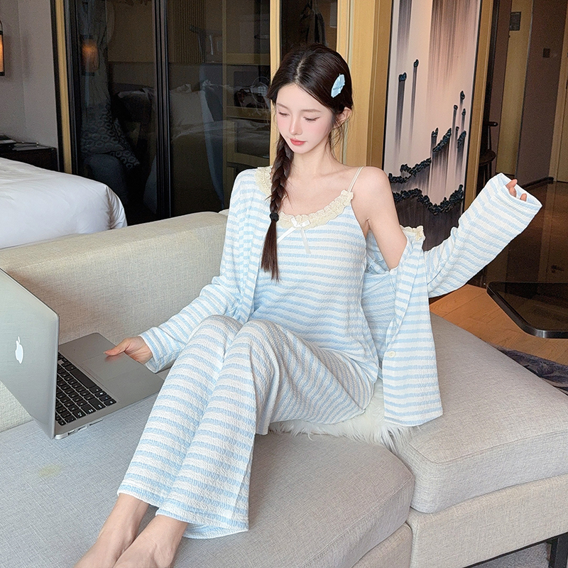 【花边条纹】甜美睡衣女2025新款春秋款带胸垫吊带三件套家居服