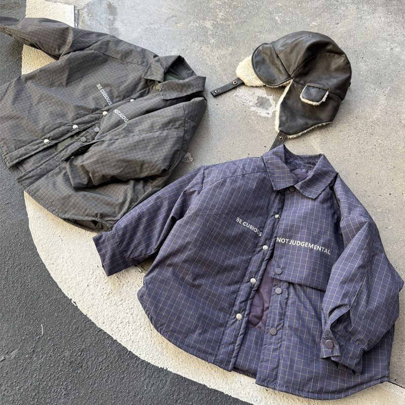 男童冬款美式亮色格子衬衫轻薄棉衣外套儿童字母夹棉开衫薄棉服