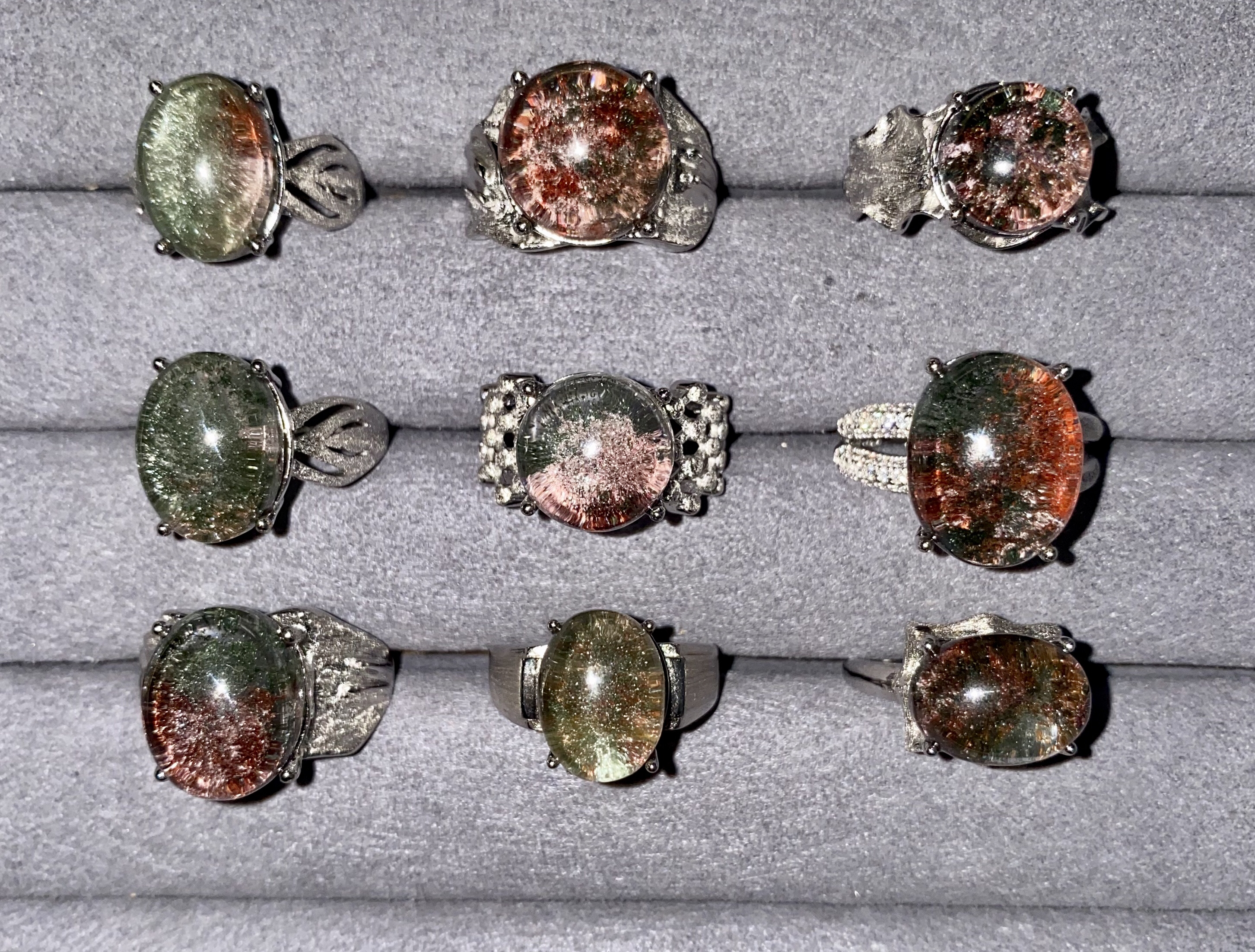 直播间付款 天然水晶发晶幽灵戒指s925银镶嵌男女款