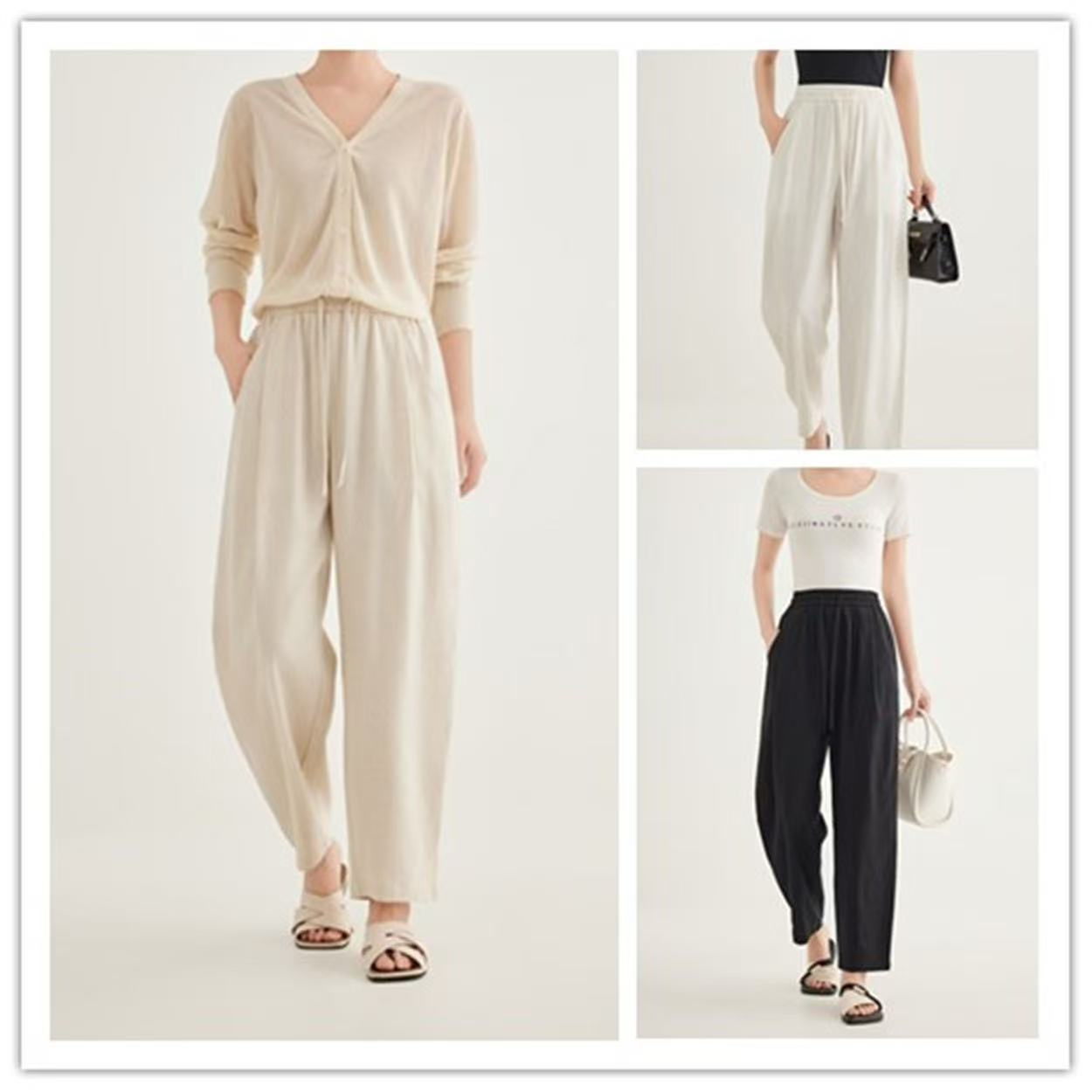 早春新款亚麻萝卜裤显瘦运动针织高腰时尚休闲夏季宽松阔腿裤