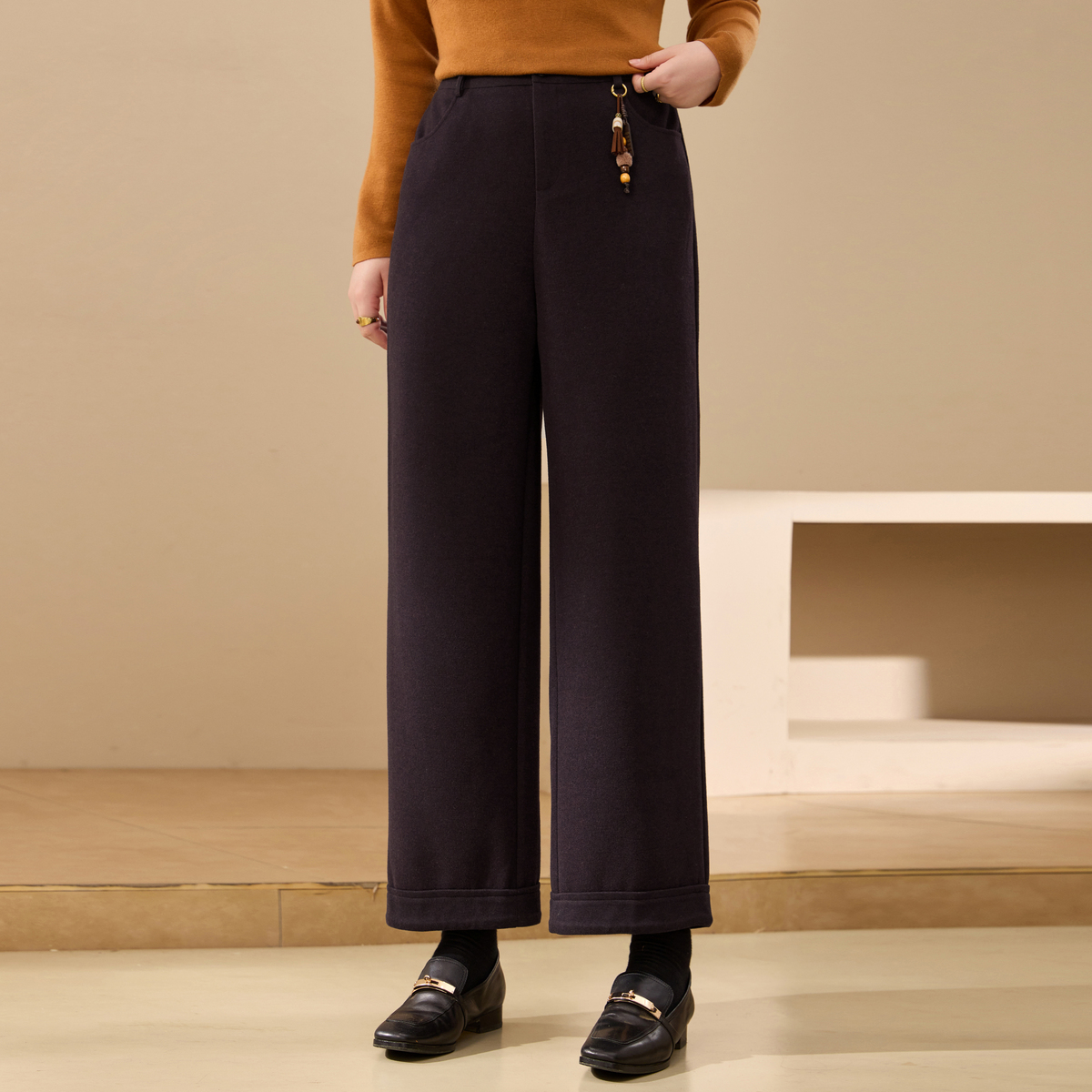 【九分直筒裤】纤莉秀W大码女装流光风可拆卸流苏串珠针织裤QK3214