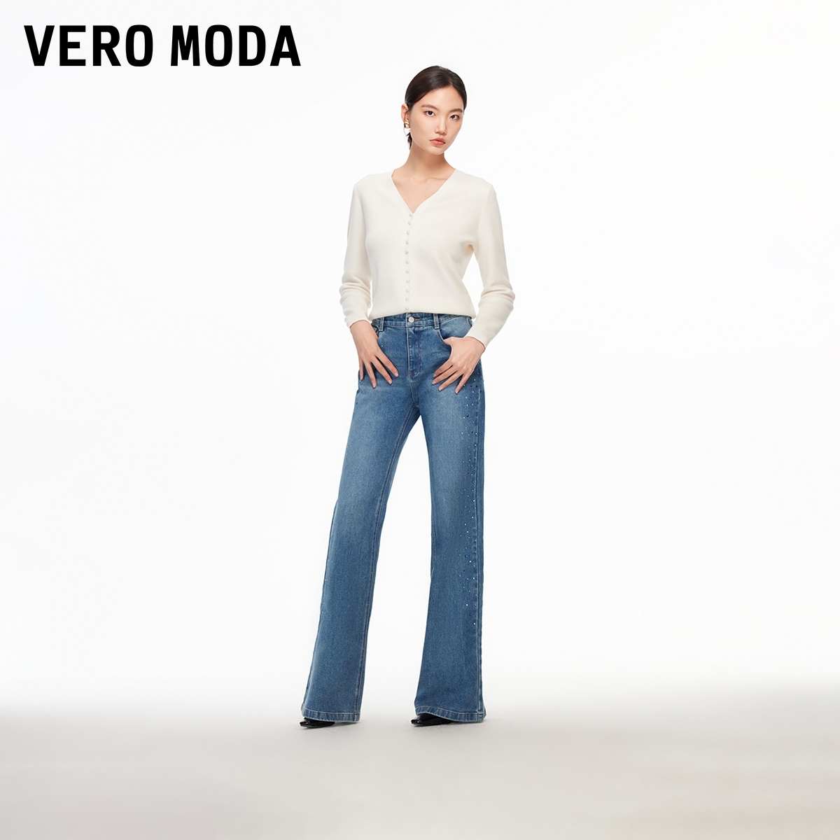 Vero Moda牛仔裤26春季新款含棉彩钻时尚百搭中腰阔腿裤洋气小众