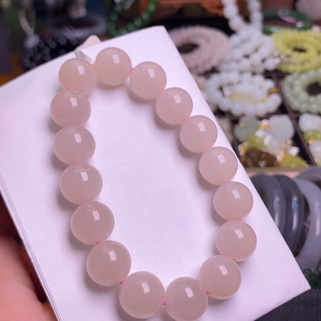 和田玉未镶嵌颈饰浓藕粉红粉老矿料手串12mm