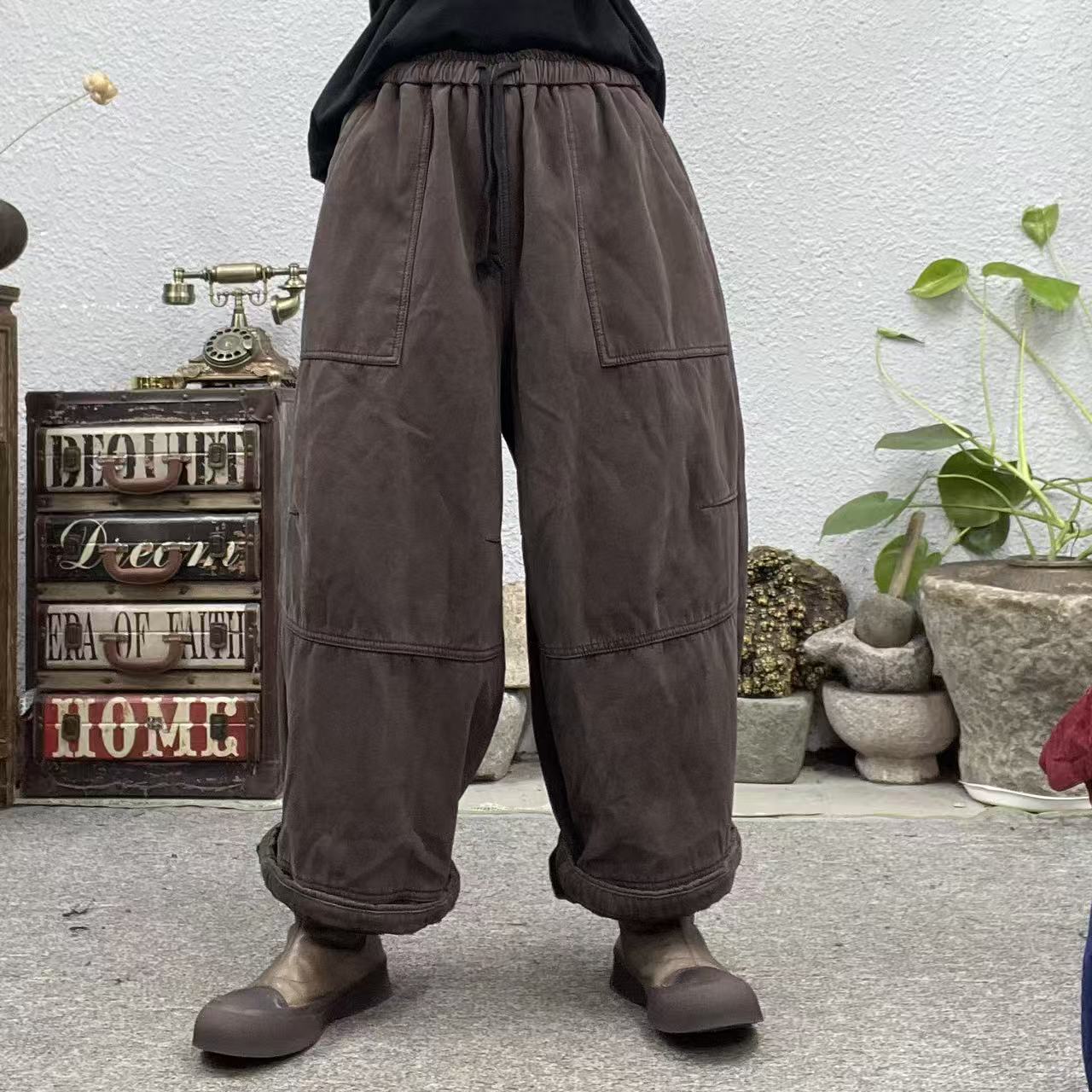 6621加绒膝盖横线捏折裤腰抽绳牛仔休闲裤（长90臀围128脚口58