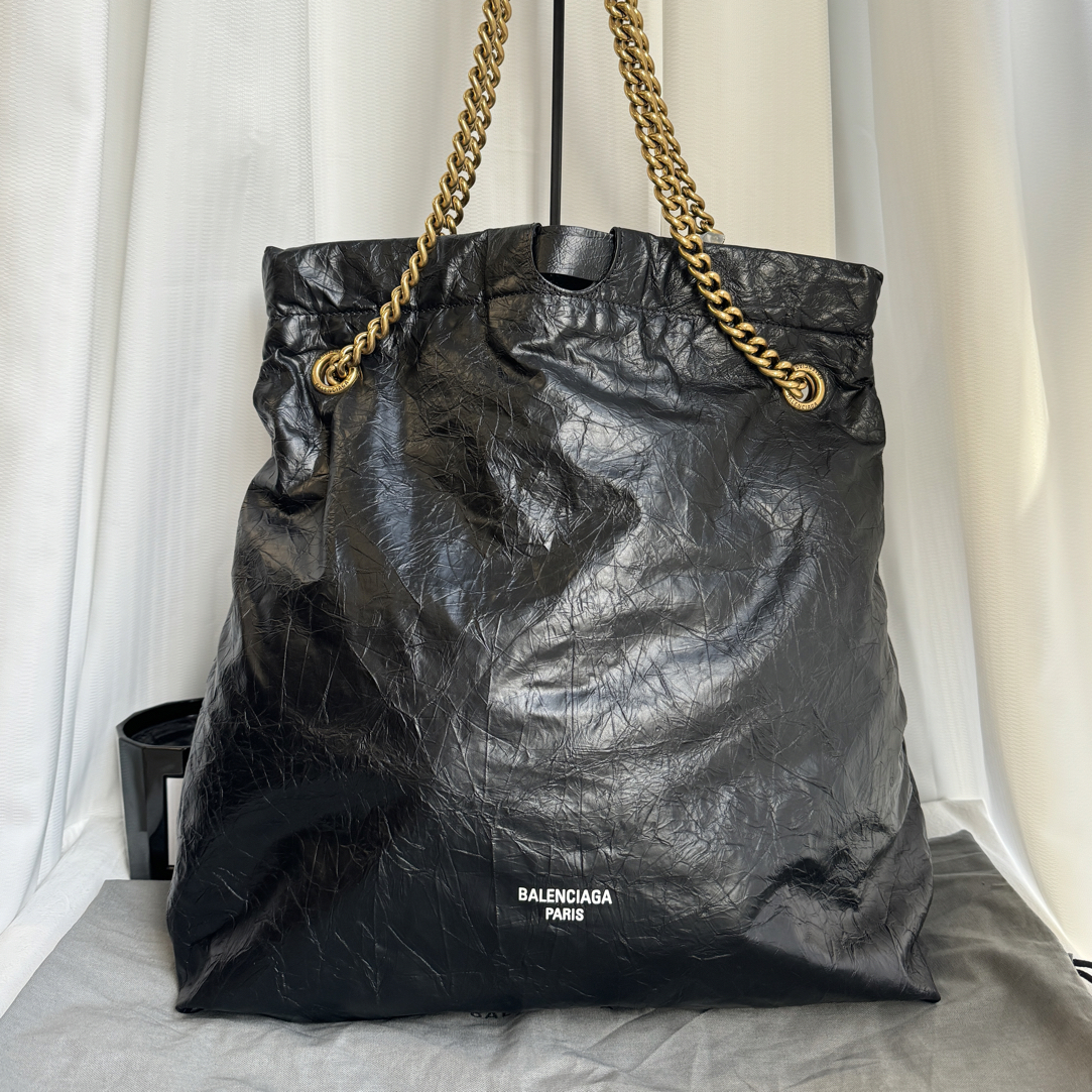 99新 Balenciaga/巴黎世家 黑金油蜡皮中号垃圾袋单肩斜挎链条包