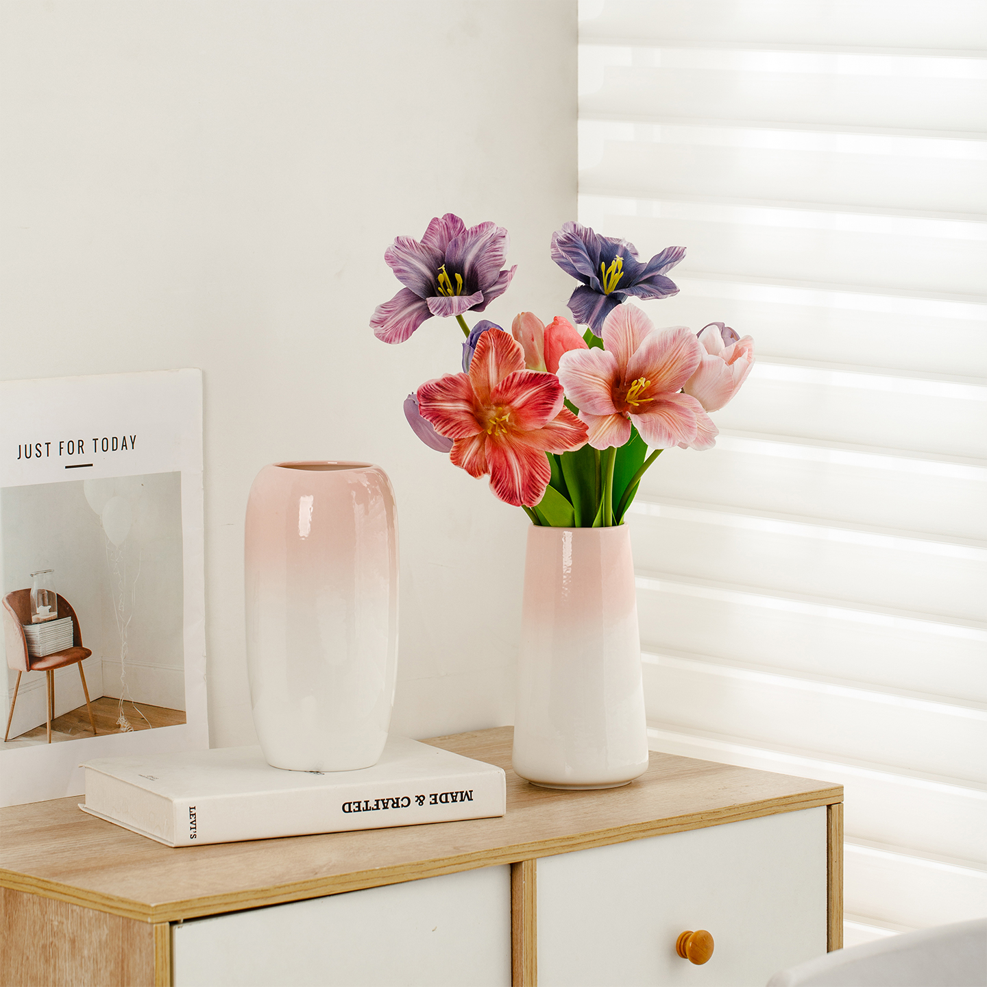 宿雨粉色陶瓷花瓶轻奢高级感装饰水培器皿客厅插花摆件仿真花套餐