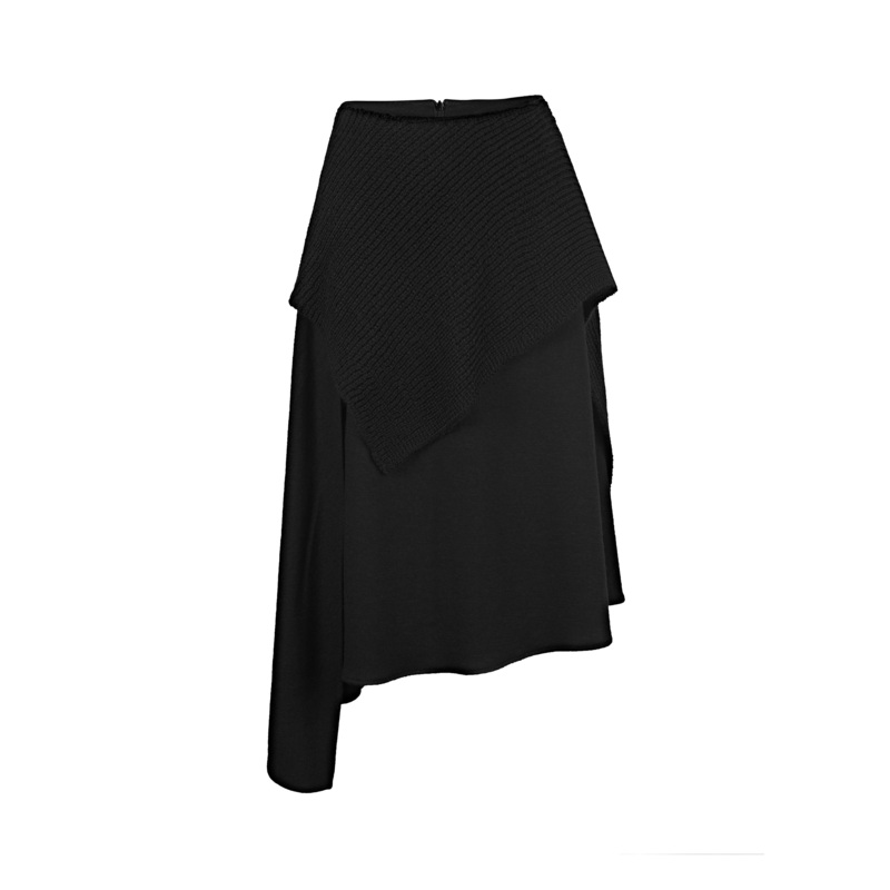 S·DEER圣迪奥女装针织毛呢拼接不规则A字黑色长裙S21481124