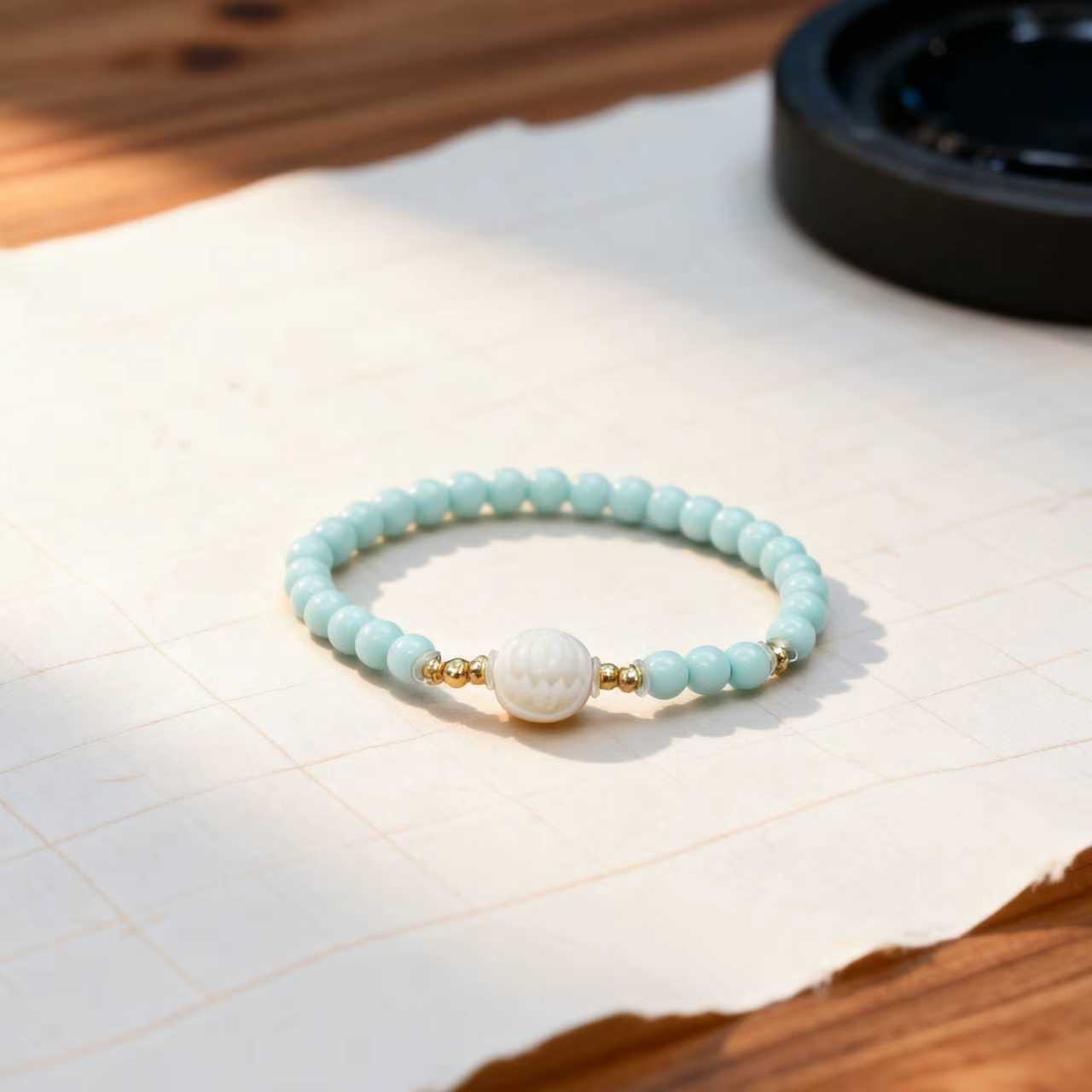 【景润】湖北原矿高瓷度绿松石富甲18k金珠老型单圈手串 多样性发一