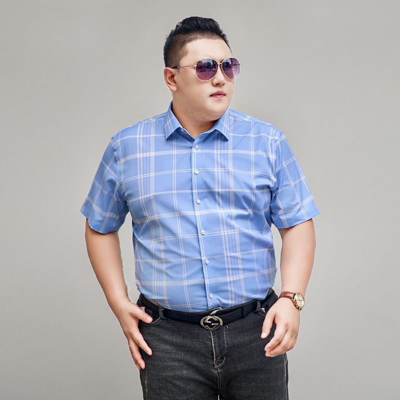 新款竹纤维大码格子短袖衬衫半袖衬衣加肥加大码 男士休闲薄款