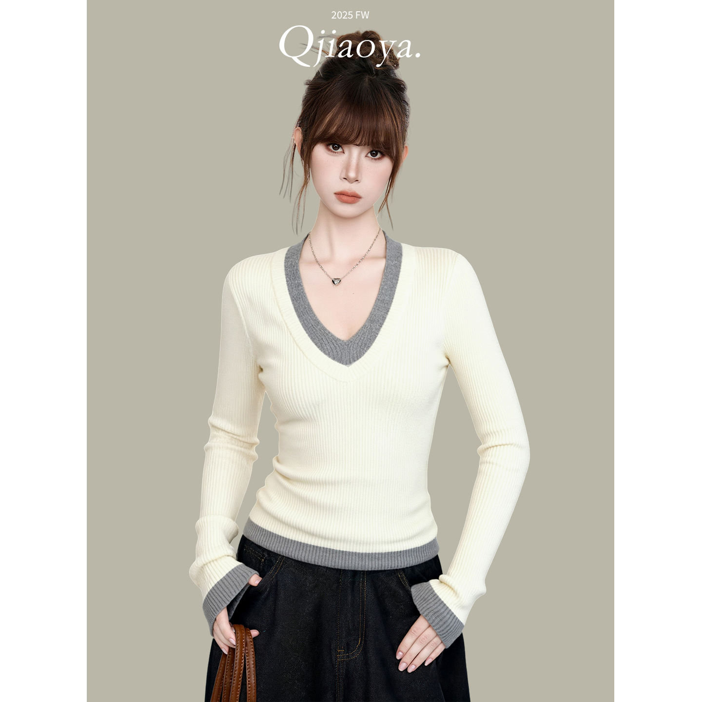 白色假两件撞色v领长袖毛衣针织衫女秋冬修身内搭打底衫韩系上衣