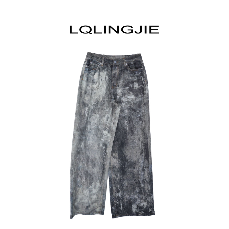 LQLINGJIE 酷飒个性设计款3D数码印花迷彩泼墨做旧宽松牛仔裤4025