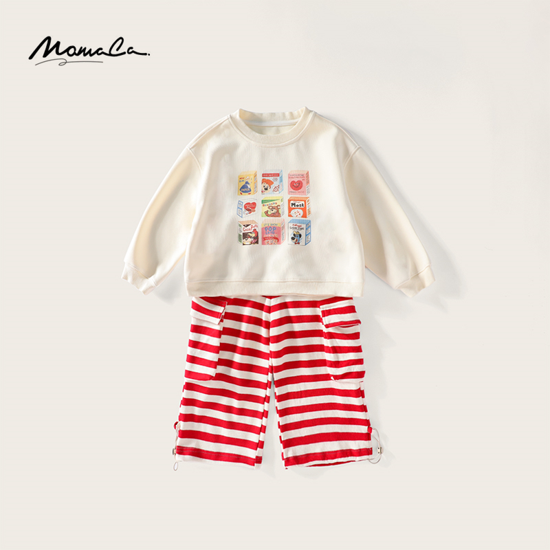MOMOCO秋季新款女童运动套装卫衣红色条纹裤子两件套75730578004