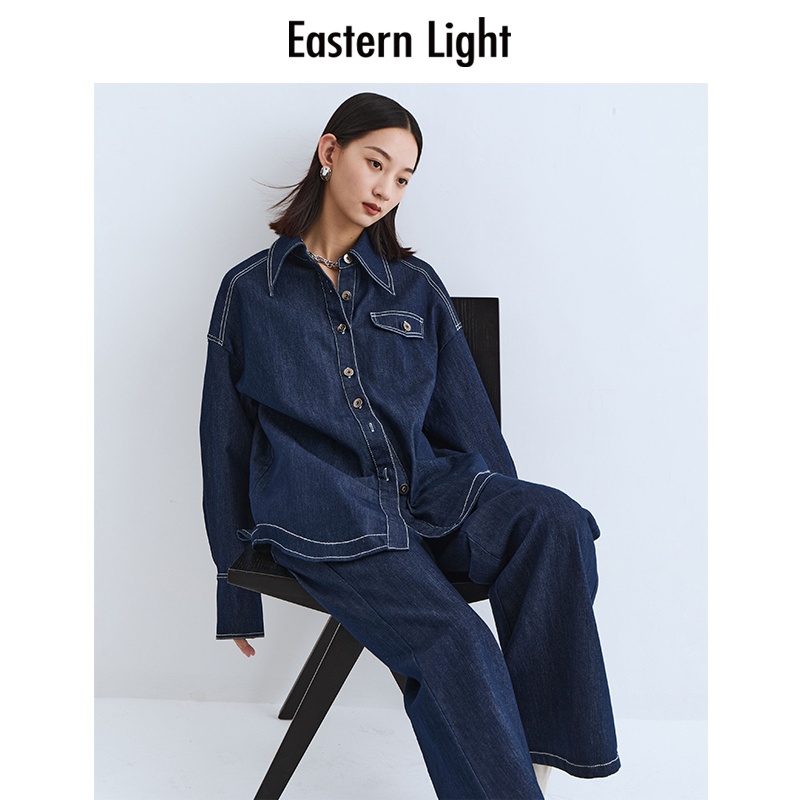 【李一桐同款】Eastern Light/乙来秋季牛仔衬衫显瘦撞色线牛仔外套