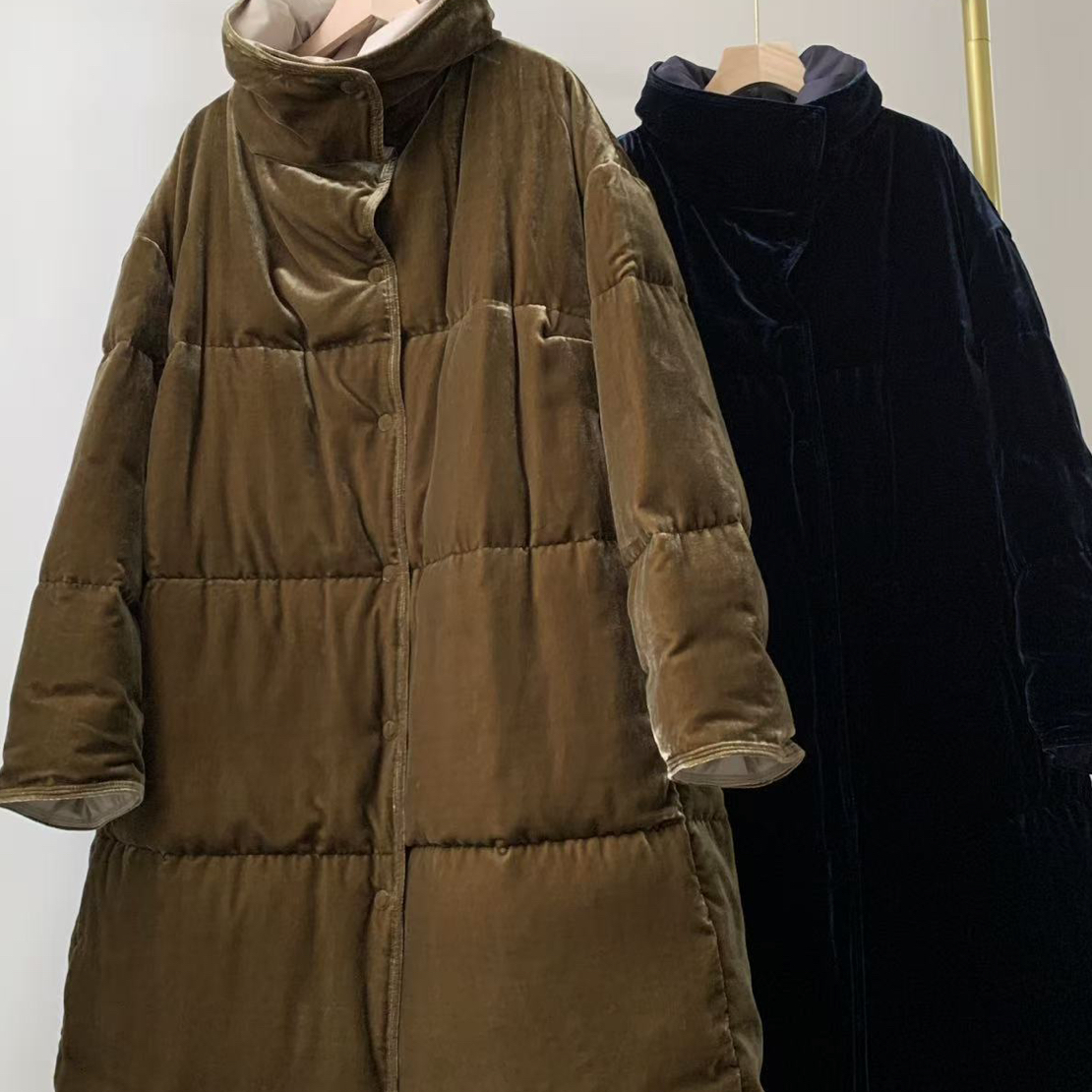 立领长款真丝丝绒鹅绒服