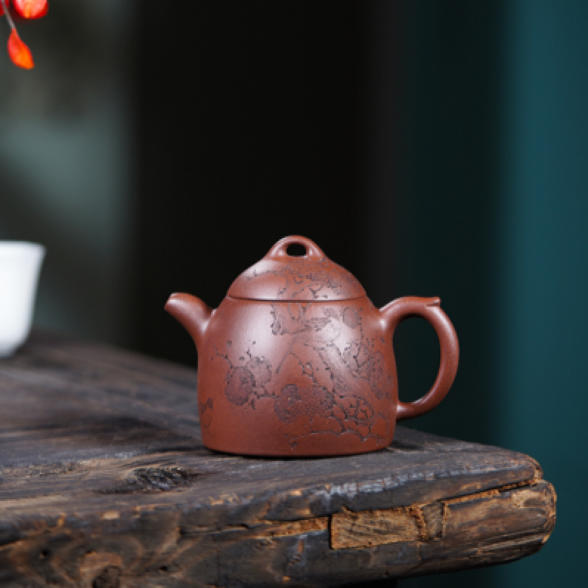 秦权紫砂壶底槽清全手工制秦斌刻绘石榴鸟