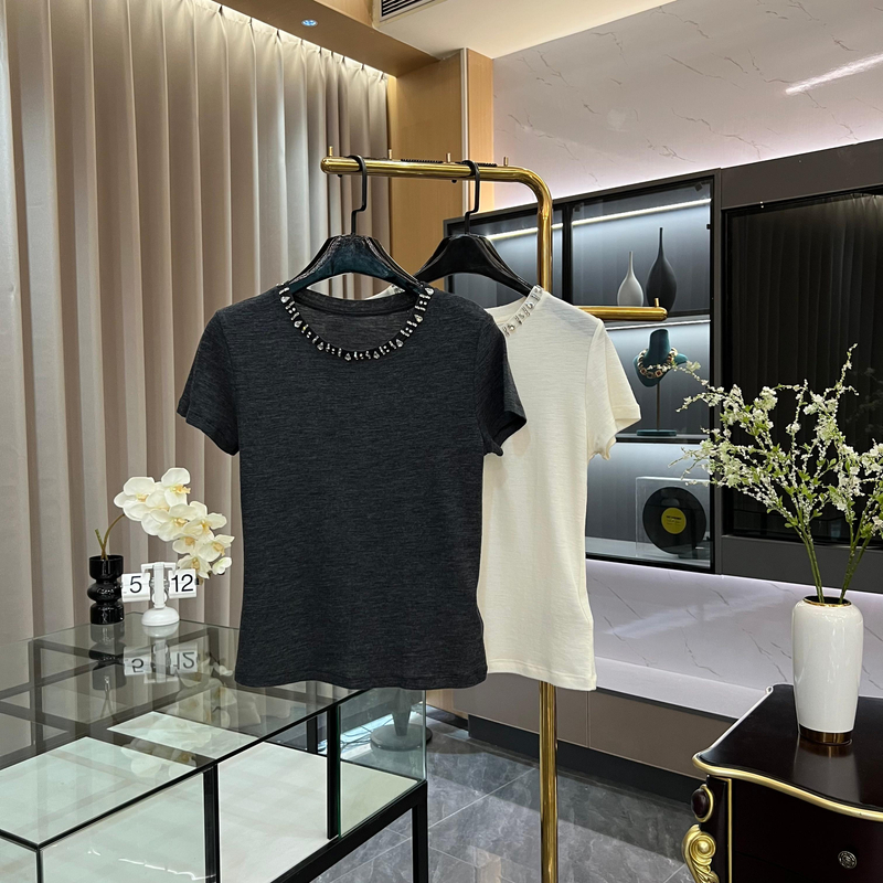 夏季简约女士钉珠圆领短袖百搭T恤圆领上衣显瘦GK-45