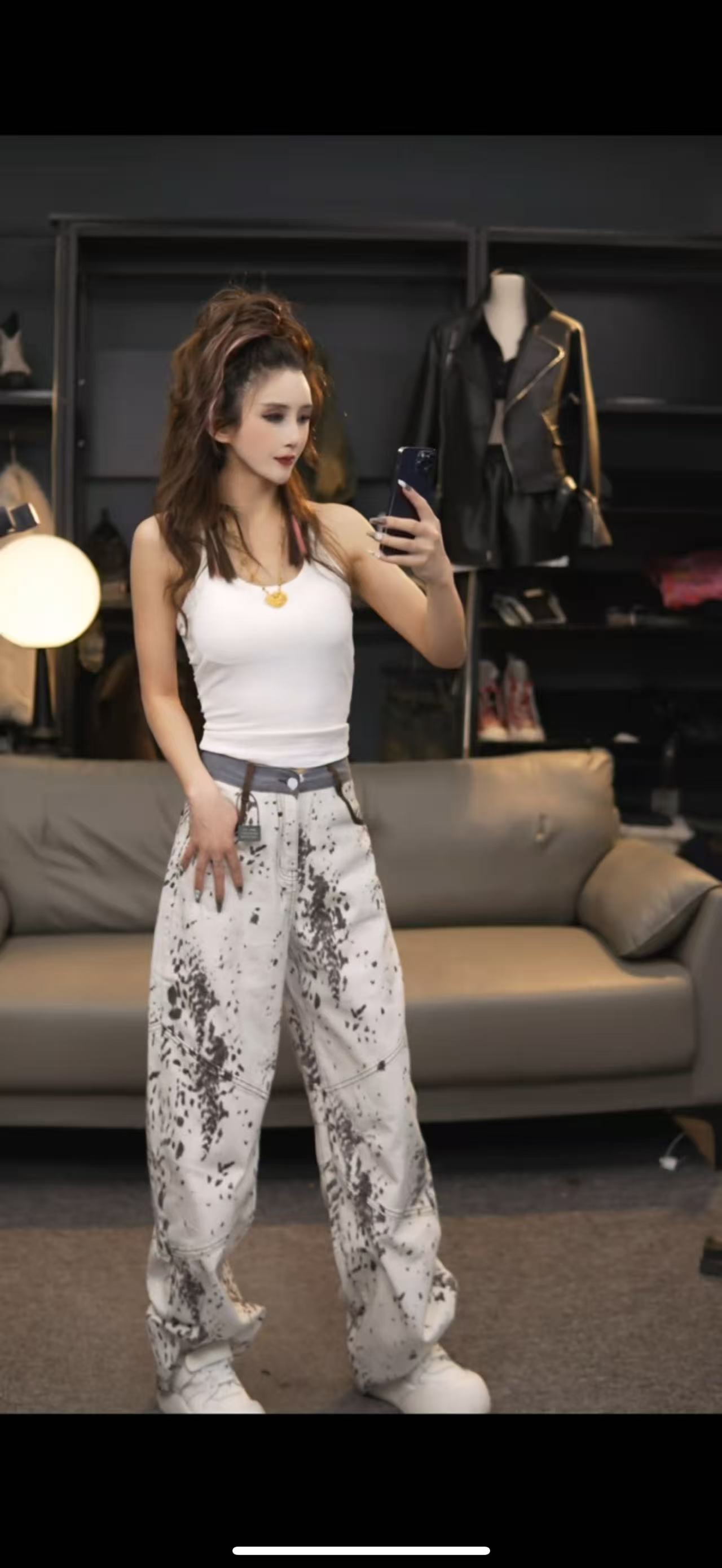 【星宝专属】美式豹纹阔腿印花牛子裤女夏季新款宽松直筒拖地裤9037