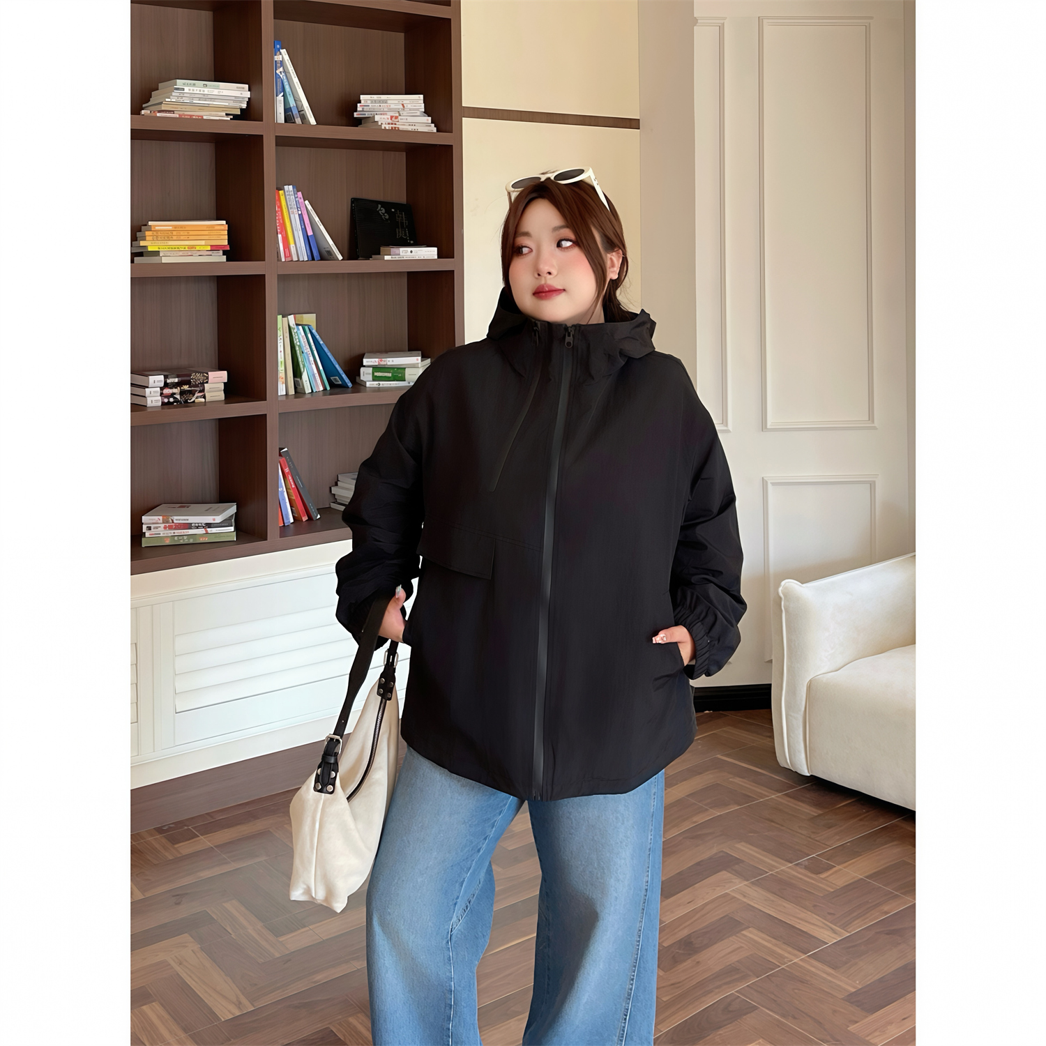 大码女装秋季花契200斤胖mm美式休闲慵懒连帽冲锋衣外套15421-C