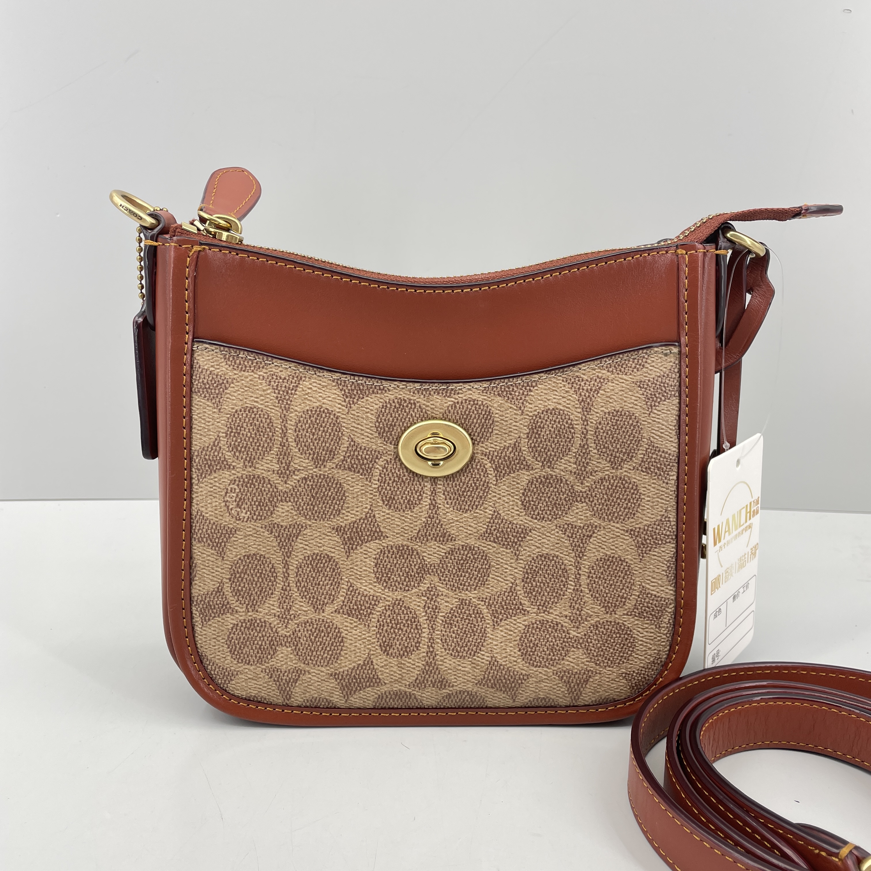 95新 COACH/蔻驰 chaise红棕麻将包老花斜挎包18*17*6cmE073007女