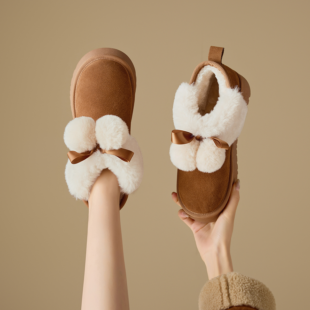 冬季保暖胶粘套筒蝴蝶结时尚雪地靴高帮防滑厚款短筒