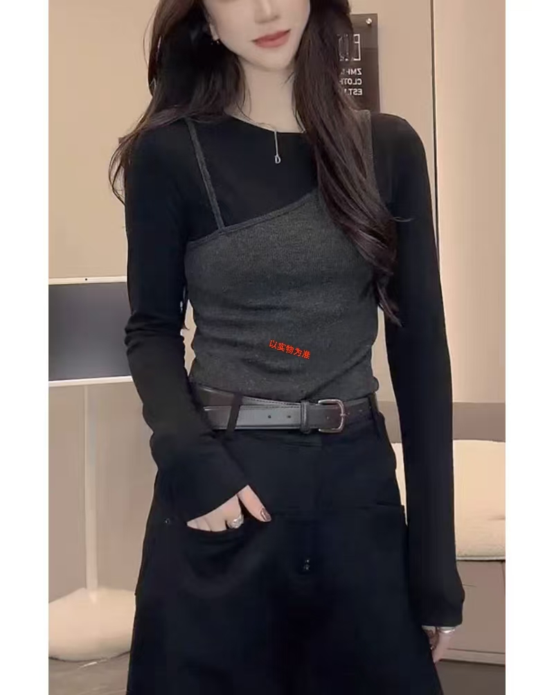 8231#秋季新款时尚韩系纯欲风圆领假两件吊带长袖T恤