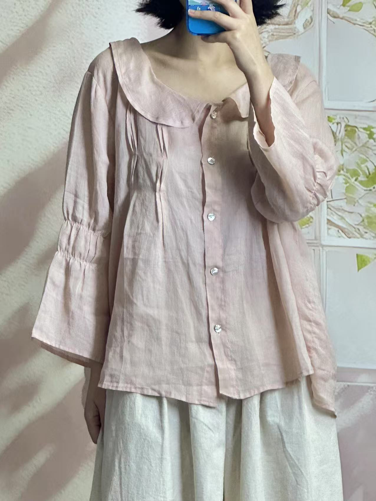 夏季浅桃粉打条娃娃领七分袖苎麻小衫宽松可爱上衣