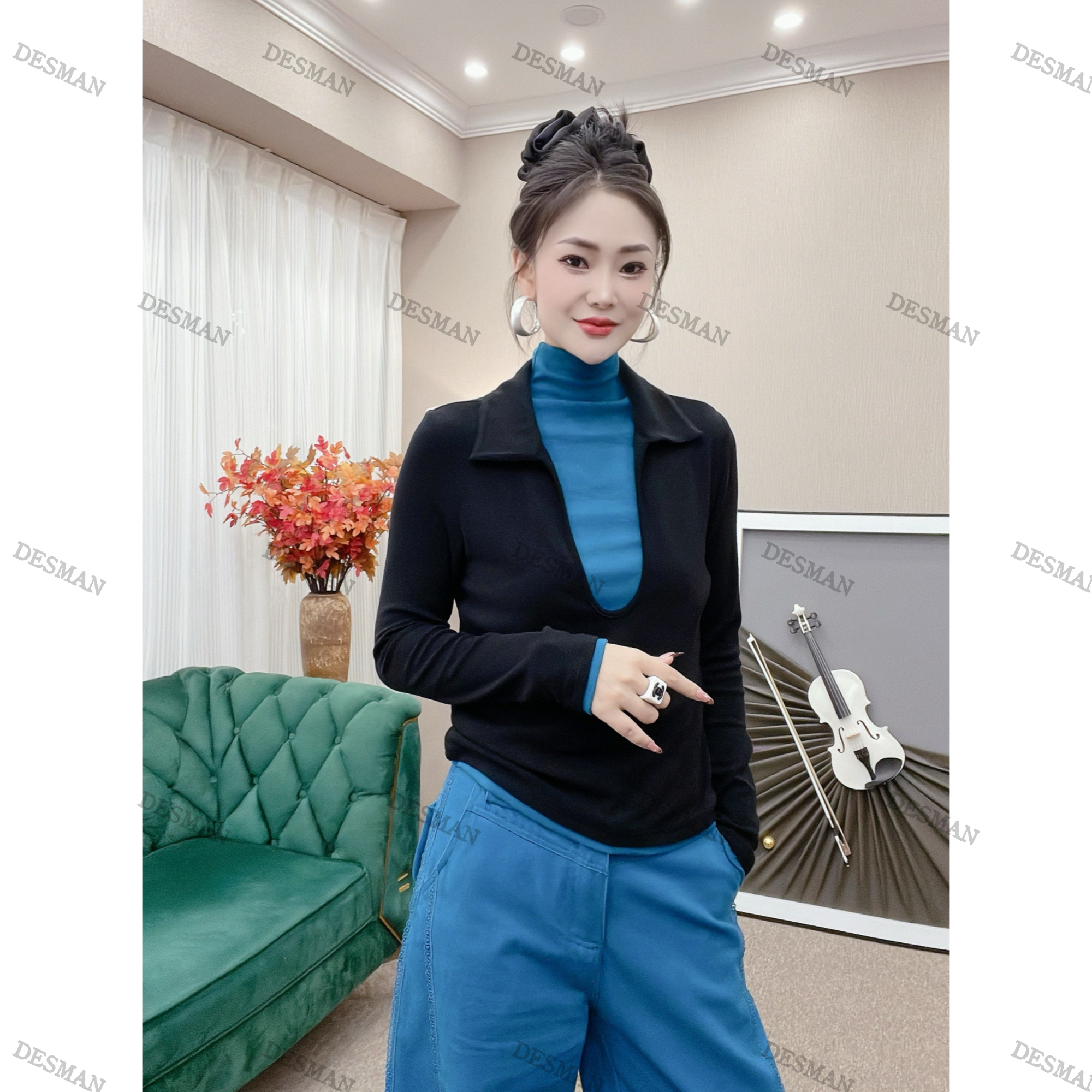 【DESMAN]】秋冬新款V领纯欲风常规T恤假两件常规款长袖休闲