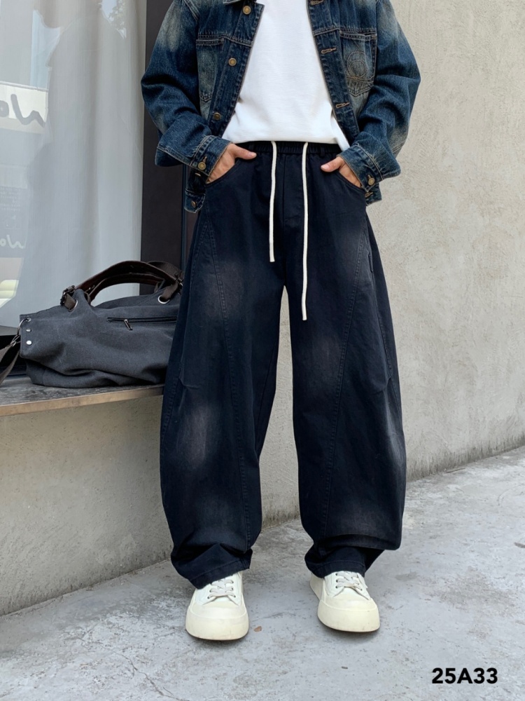 冬季新款青年加厚潮牌弯刀休闲裤男水洗直筒阔腿裤简约宽松百搭