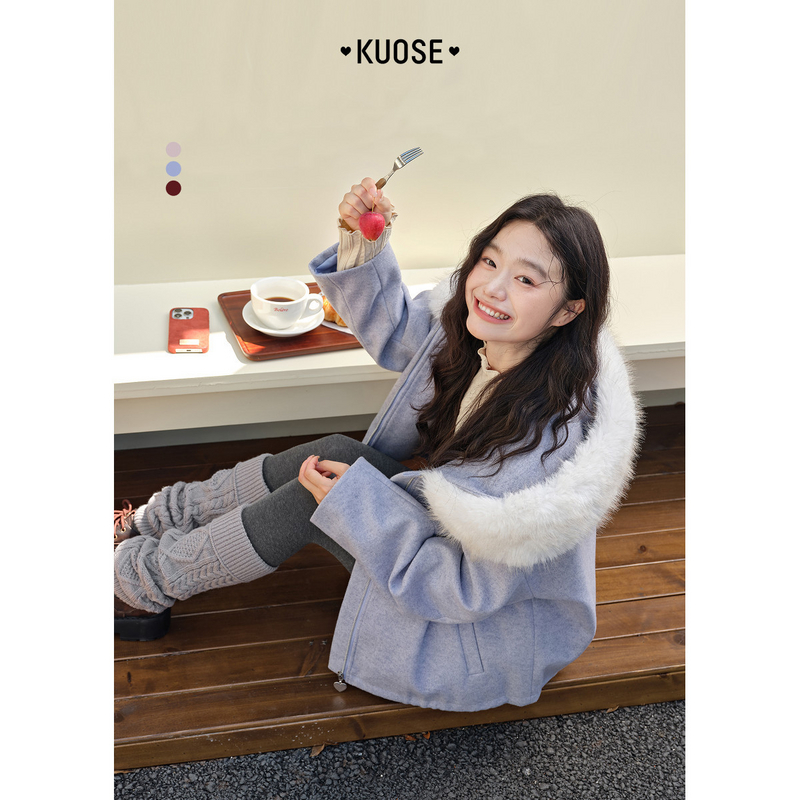 阔色灰紫色连帽毛领呢子大衣女装2025冬新款慵懒外套KSE2509005