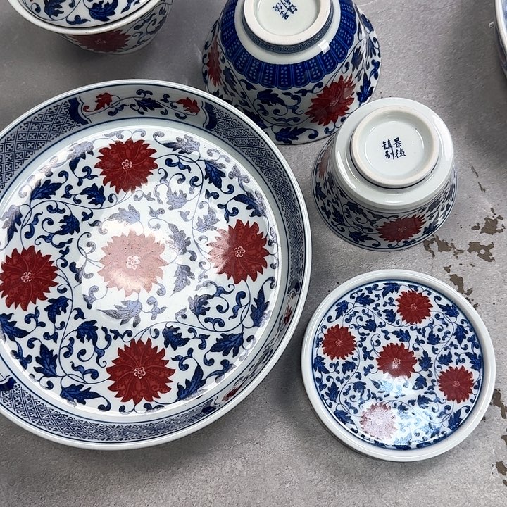 瓷片釉里红缠枝莲5件套景德镇