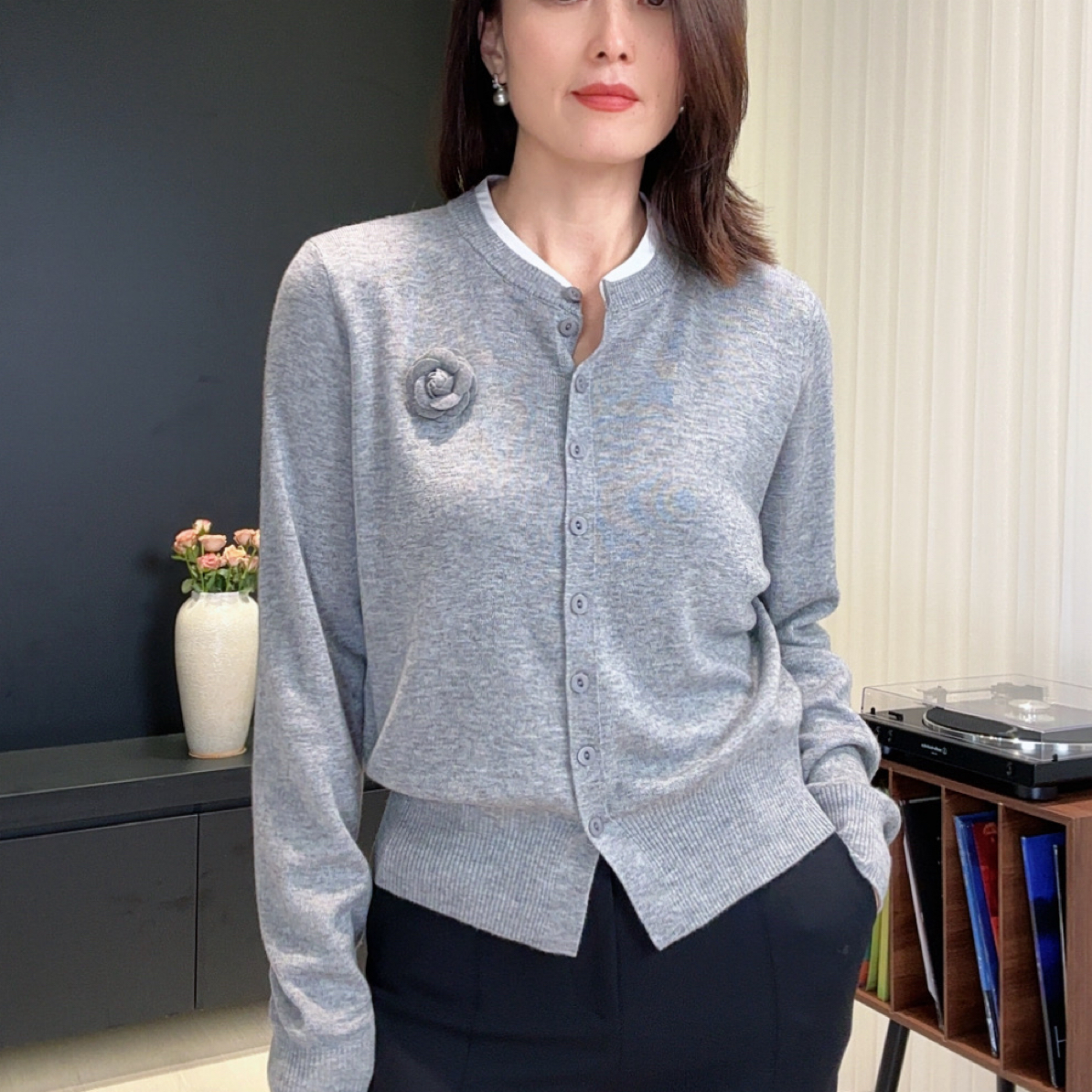 余姐秋冬款百搭显瘦假两件针织开衫