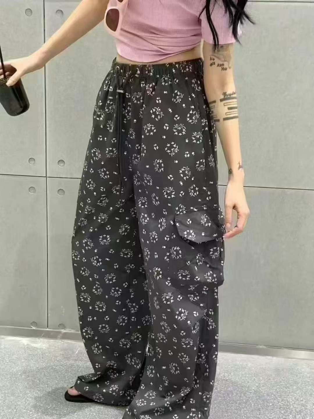 复古碎花印花薄款直筒两穿时尚休闲阔腿工装裤女