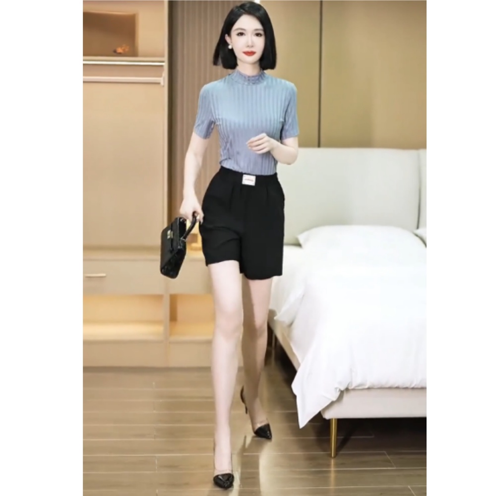 夏季高腰女士气质薄款百搭阔腿时尚休闲五分裤8-5